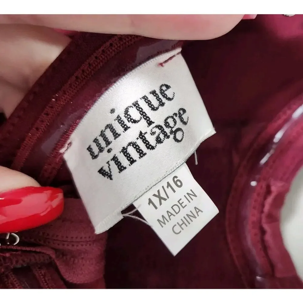 Unique Vintage‎ Corset Midi Dress Plus Size 1X/ 16 Burgundy Lace Up Boning